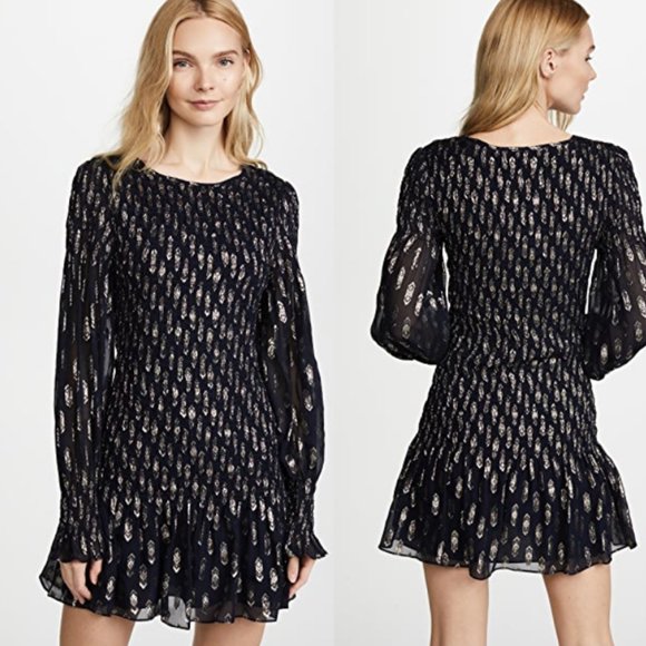 LoveShackFancy Scarlett Mini Dress in Navy Gold XS - Picture 1 of 8